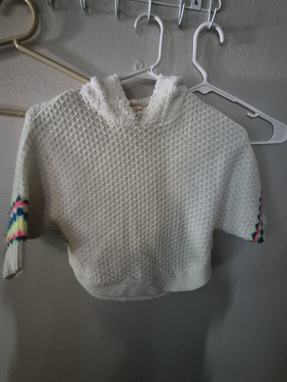 Cat & Jack White Hooded Short-Sleeve Sweater with Neon Sleeve Accents